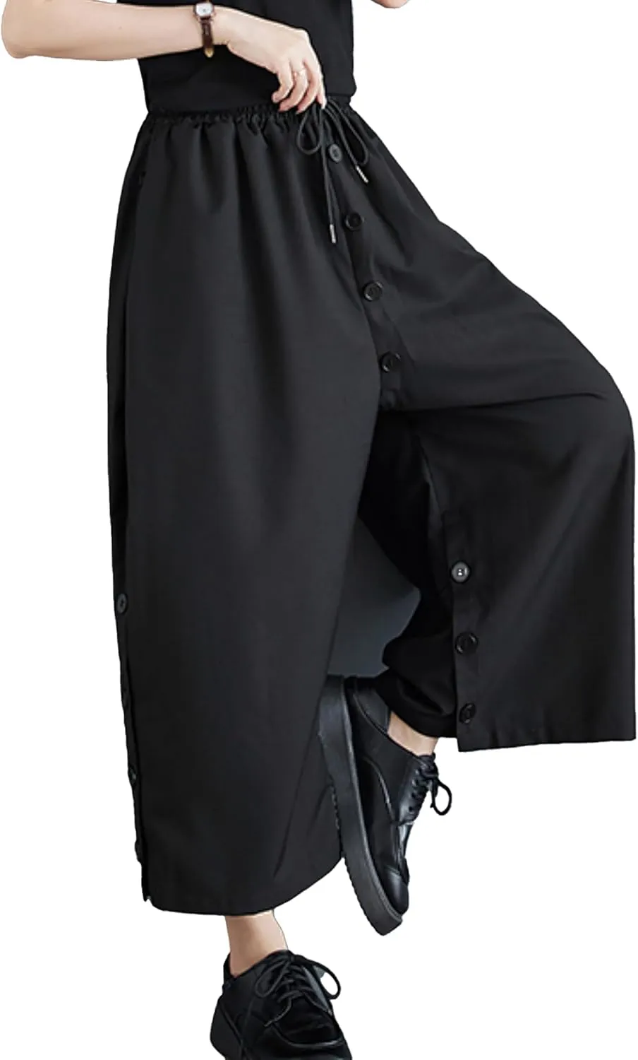 ellazhu Women's Drop Crotch Elastic Waist Button Down Wide Leg Harem Pants GZ179 A