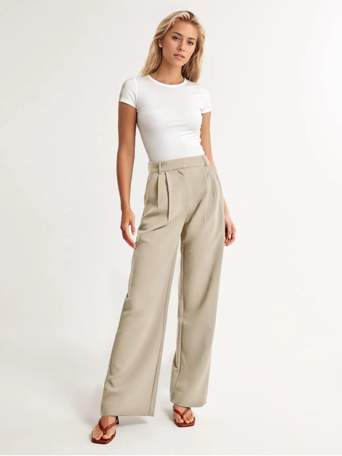 ELLEVEN Wide Leg Dress Pants for Woman, High Waisted Business Casual Work Trousers with Pockets