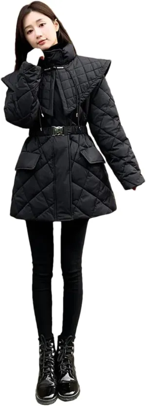ERFMFKL Women Down Cotton Jacket Slim Zippers Long Sleeves Padded Coat Long Warm Parka Jacket With Belt