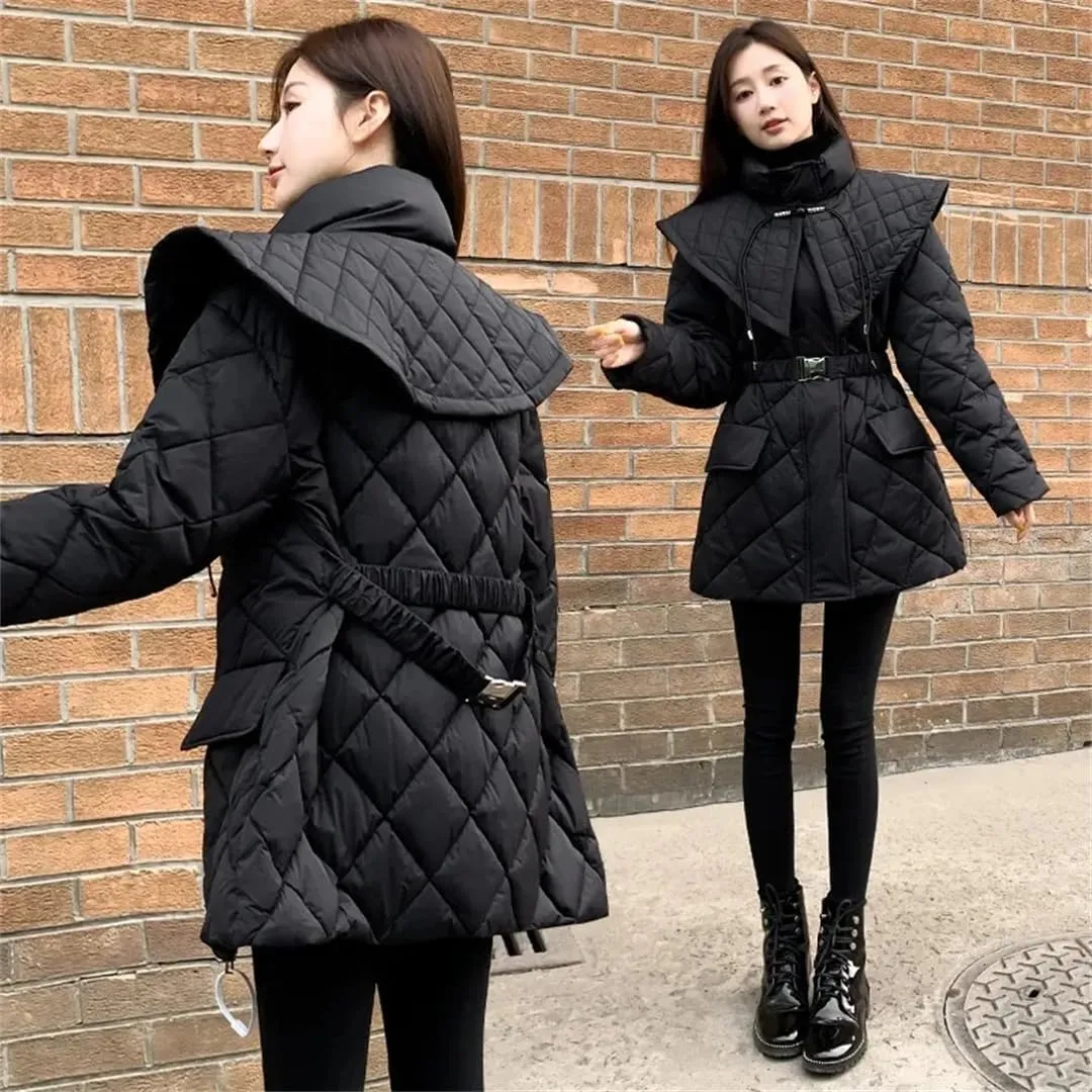 ERFMFKL Women Down Cotton Jacket Slim Zippers Long Sleeves Padded Coat Long Warm Parka Jacket With Belt