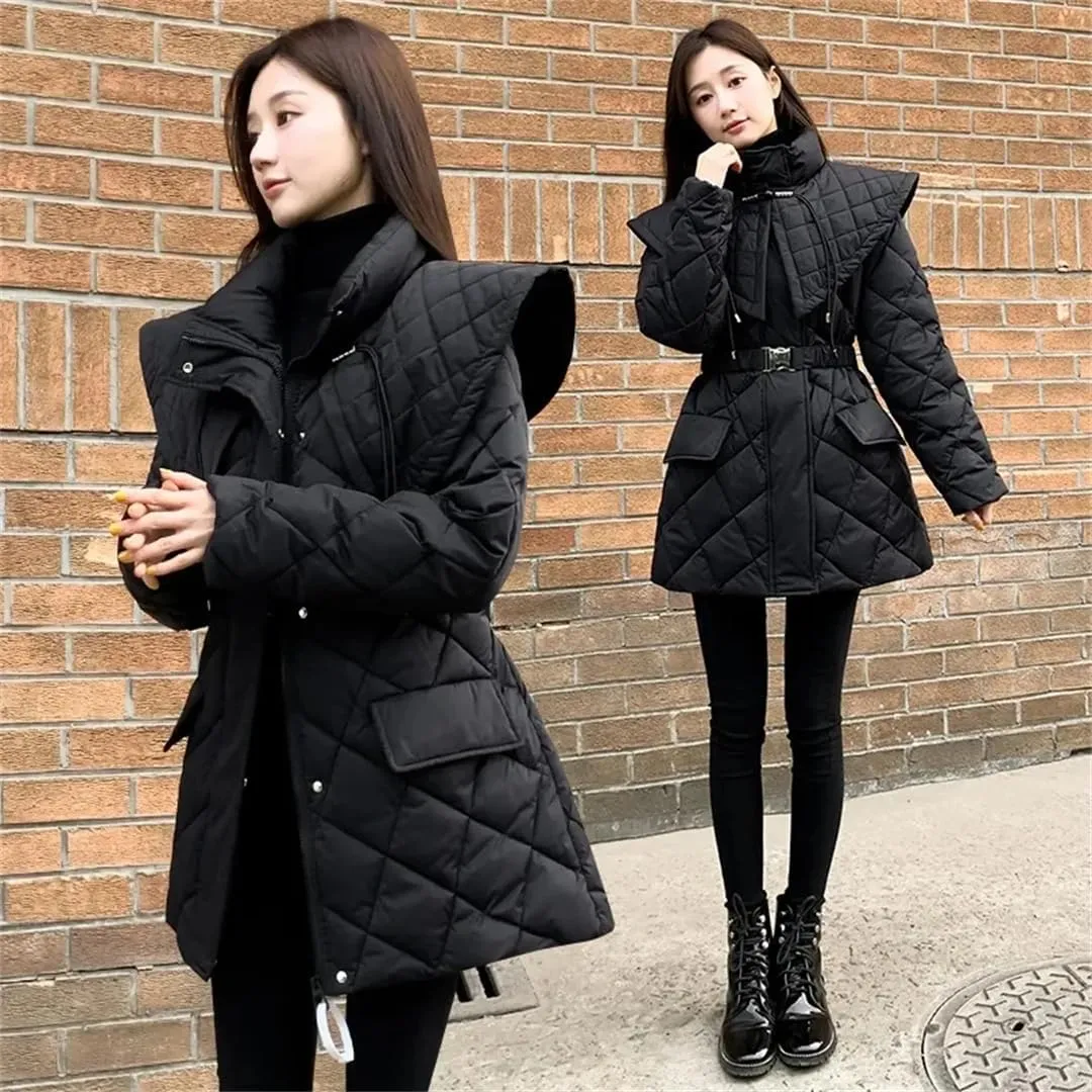 ERFMFKL Women Down Cotton Jacket Slim Zippers Long Sleeves Padded Coat Long Warm Parka Jacket With Belt