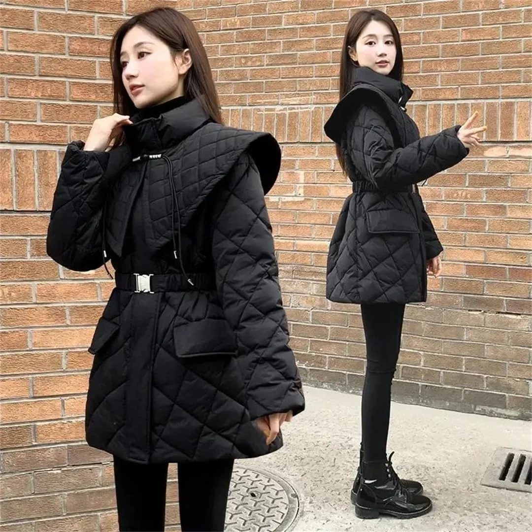 ERFMFKL Women Down Cotton Jacket Slim Zippers Long Sleeves Padded Coat Long Warm Parka Jacket With Belt