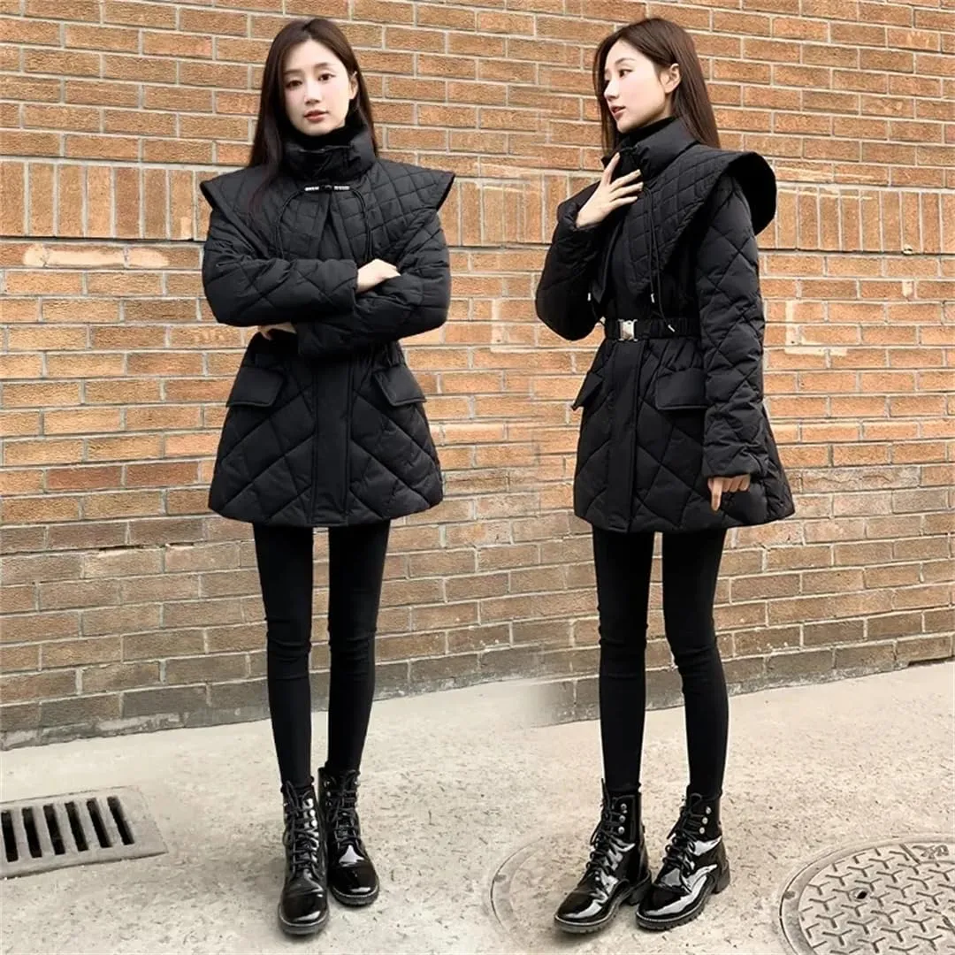 ERFMFKL Women Down Cotton Jacket Slim Zippers Long Sleeves Padded Coat Long Warm Parka Jacket With Belt