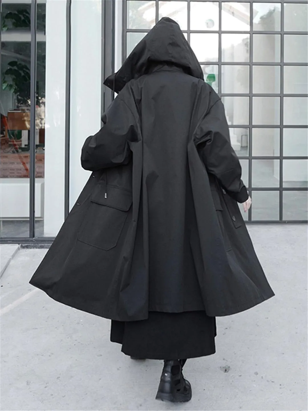 ERFMFKL Women Spring Autumn Oversized Long Black Vintage Raincoat Trench Coat Hooded With Pocket