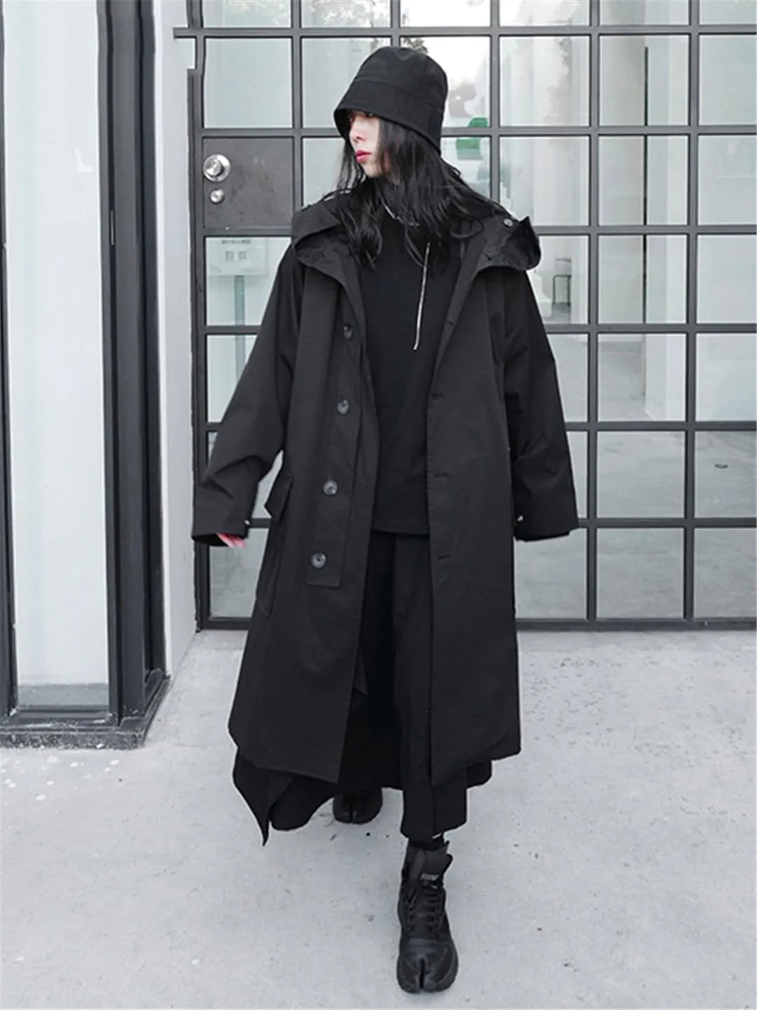 ERFMFKL Women Spring Autumn Oversized Long Black Vintage Raincoat Trench Coat Hooded With Pocket