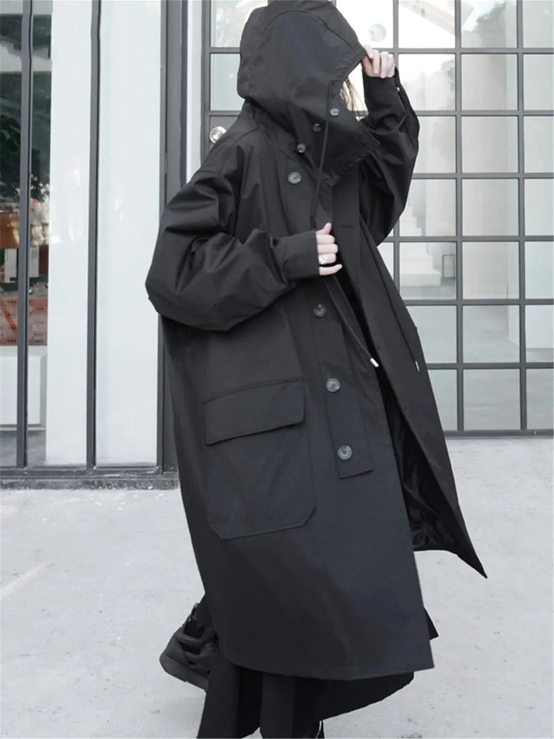ERFMFKL Women Spring Autumn Oversized Long Black Vintage Raincoat Trench Coat Hooded With Pocket