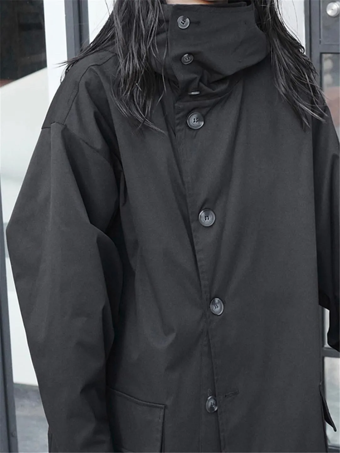 ERFMFKL Women Spring Autumn Oversized Long Black Vintage Raincoat Trench Coat Hooded With Pocket