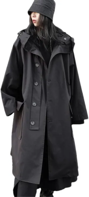 ERFMFKL Women Spring Autumn Oversized Long Black Vintage Raincoat Trench Coat Hooded With Pocket