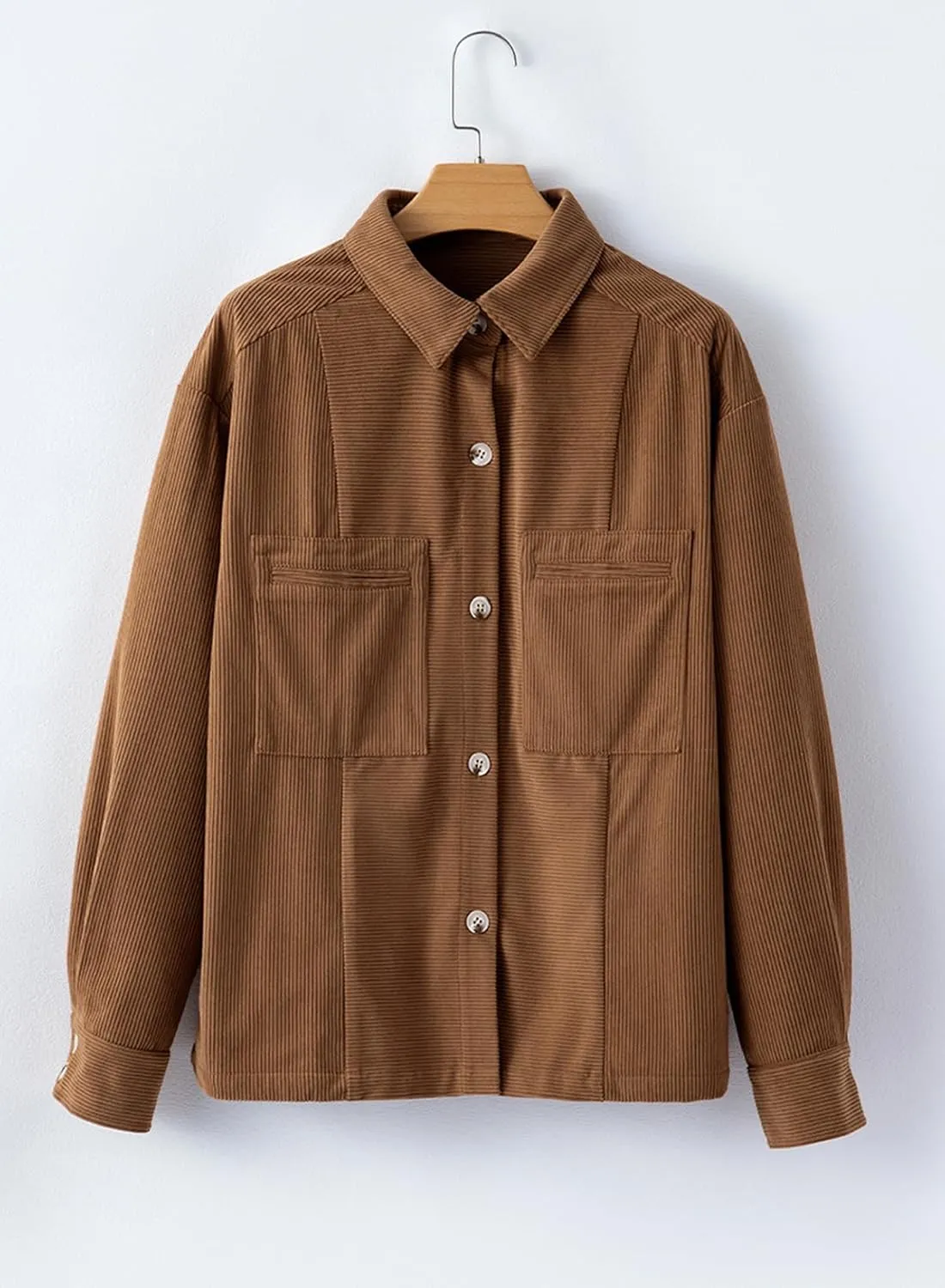 EVALESS Womens Corduroy Jackets Fashion Long Sleeve Button Down Shacket Shirt Jacket with Pockets Fall Outfits 2024