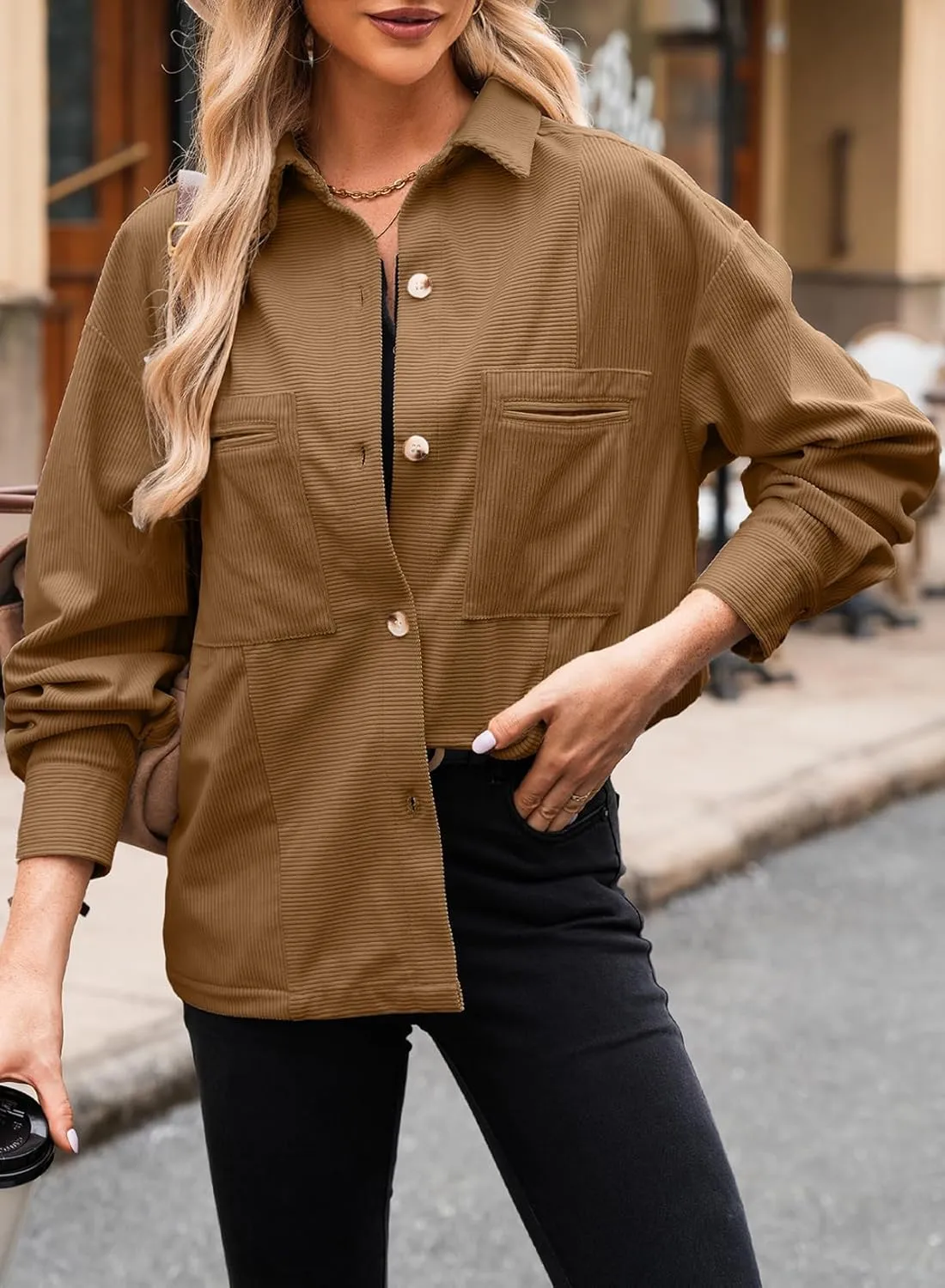 EVALESS Womens Corduroy Jackets Fashion Long Sleeve Button Down Shacket Shirt Jacket with Pockets Fall Outfits 2024