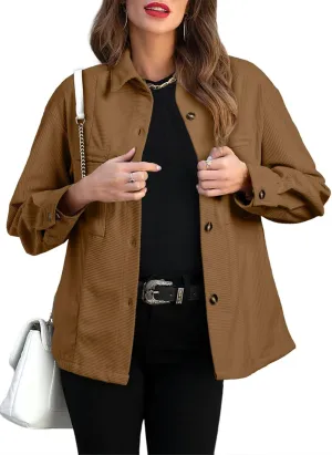 EVALESS Womens Corduroy Jackets Fashion Long Sleeve Button Down Shacket Shirt Jacket with Pockets Fall Outfits 2024