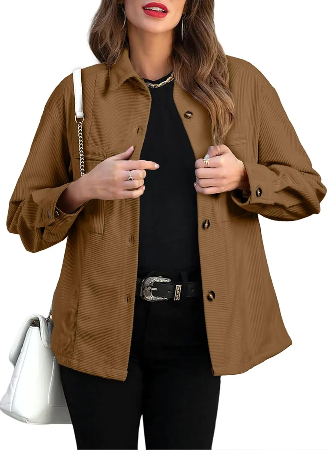 EVALESS Womens Corduroy Jackets Fashion Long Sleeve Button Down Shacket Shirt Jacket with Pockets Fall Outfits 2024