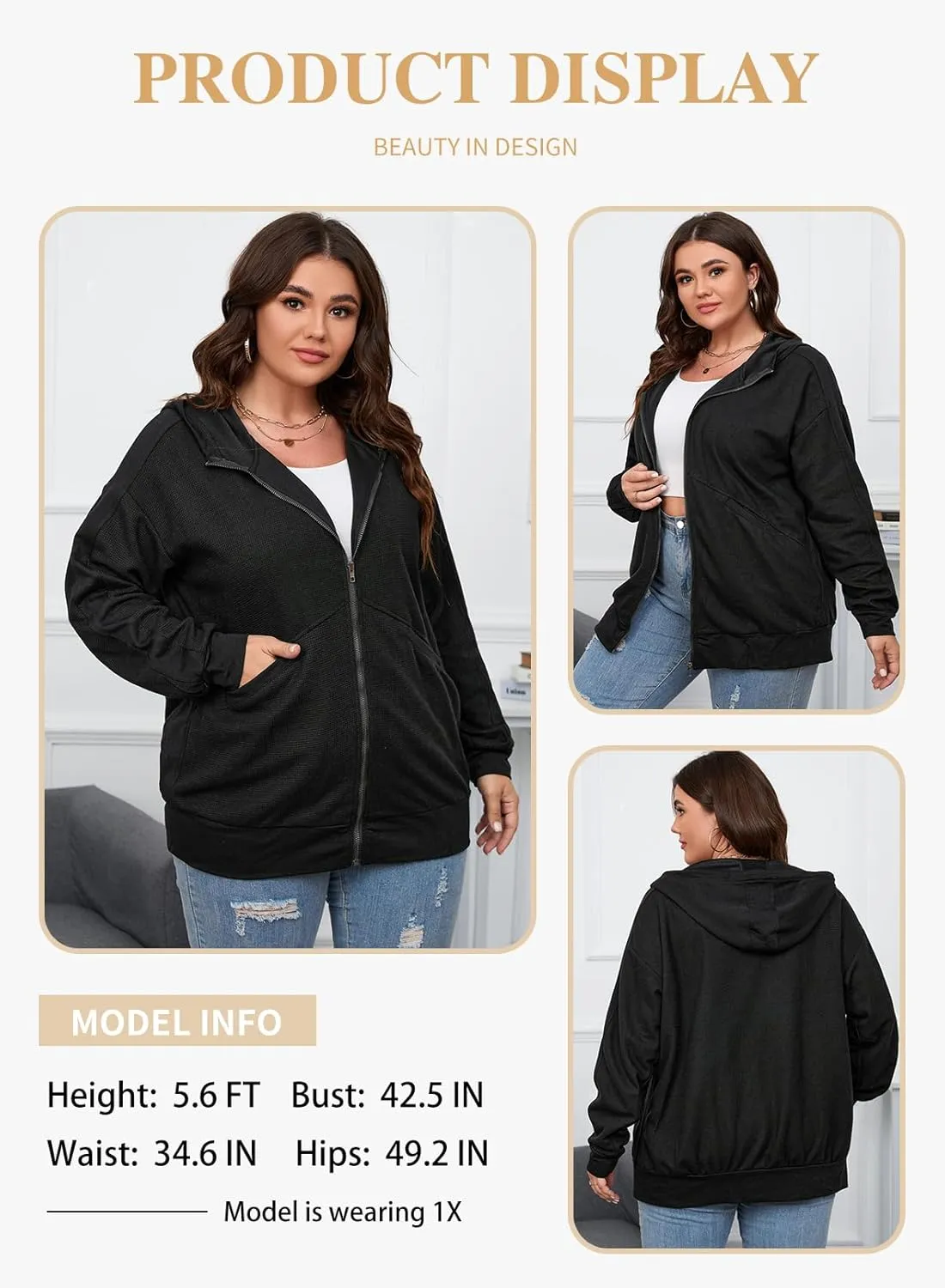 Eytino Womens Plus Size Long Sleeve Zip Up Oversized Casual Hoodies Sweatshirt Jackets with Pockets(1X-5X)