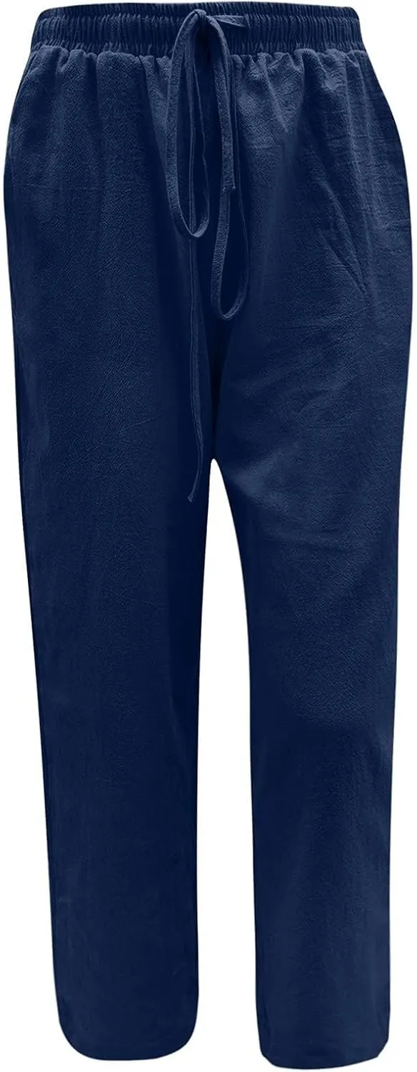 fanmpghleoo Womens Linen Pants Summer Casual Loose Wide Leg Pants Drawstring High Waisted Palazzo Pants Trousers with Pockets