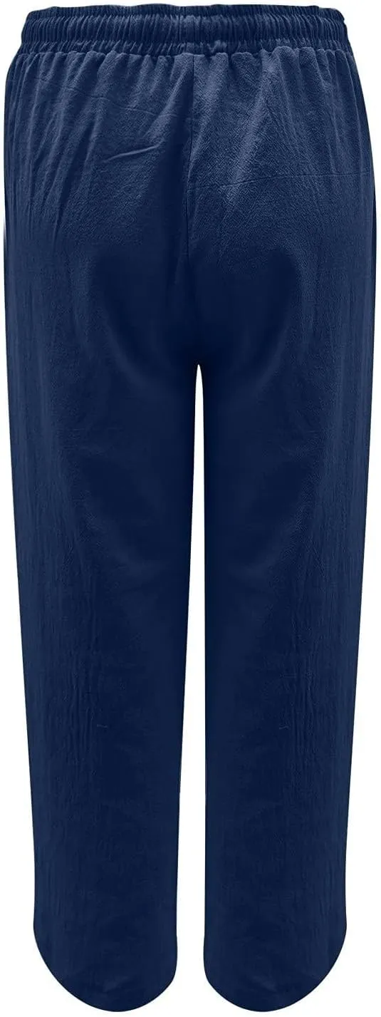 fanmpghleoo Womens Linen Pants Summer Casual Loose Wide Leg Pants Drawstring High Waisted Palazzo Pants Trousers with Pockets