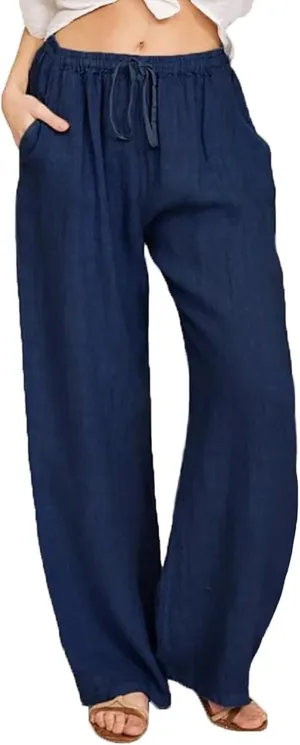 fanmpghleoo Womens Linen Pants Summer Casual Loose Wide Leg Pants Drawstring High Waisted Palazzo Pants Trousers with Pockets
