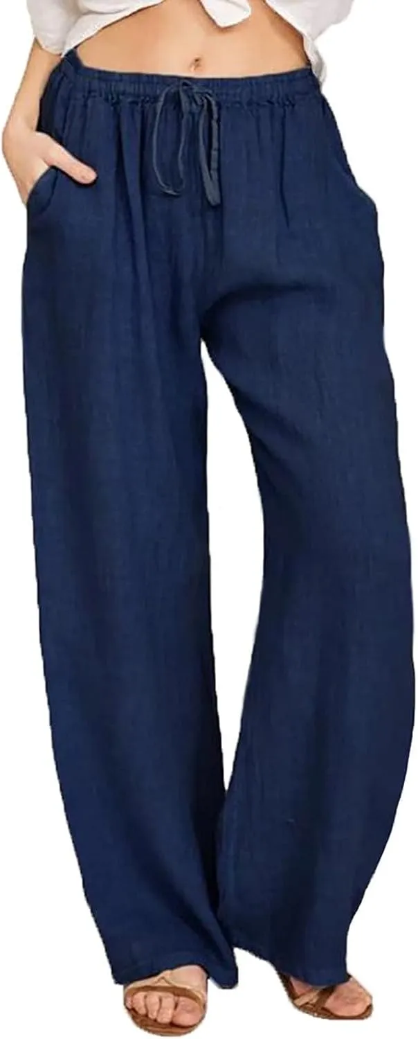 fanmpghleoo Womens Linen Pants Summer Casual Loose Wide Leg Pants Drawstring High Waisted Palazzo Pants Trousers with Pockets
