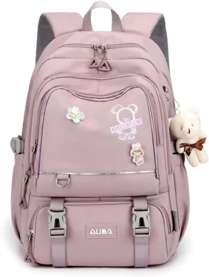 Fashion Backpack with 1pc Cartoon Bear Accessory Cute Big Capacity Lightweight 3 Compartments Laptop Travel Versatile (Purple)