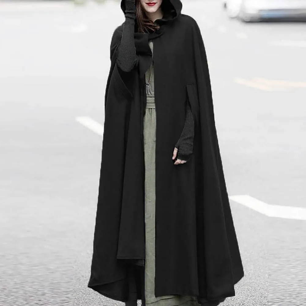 Fashion Hooded Trench Coat Cloak Halloween Costumes Woman 2025 Solid Split Woolen Outerwear Long Hoodies