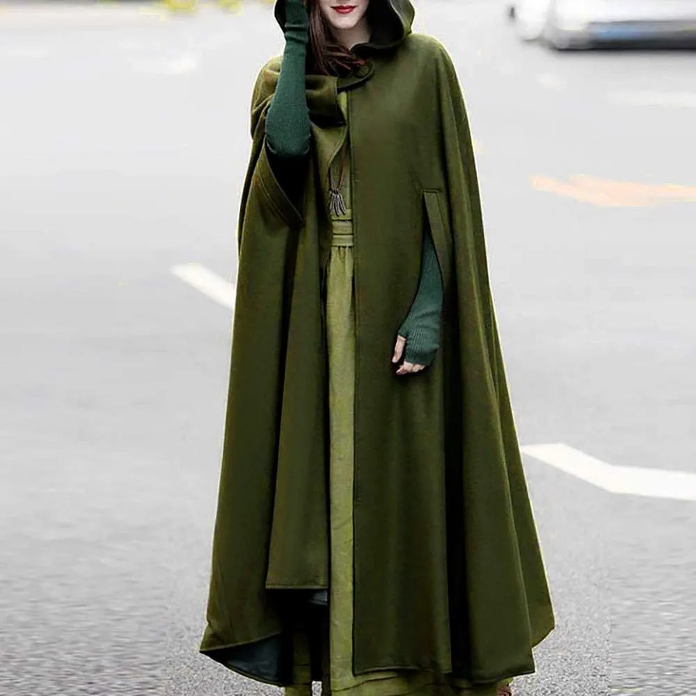 Fashion Hooded Trench Coat Cloak Halloween Costumes Woman 2025 Solid Split Woolen Outerwear Long Hoodies