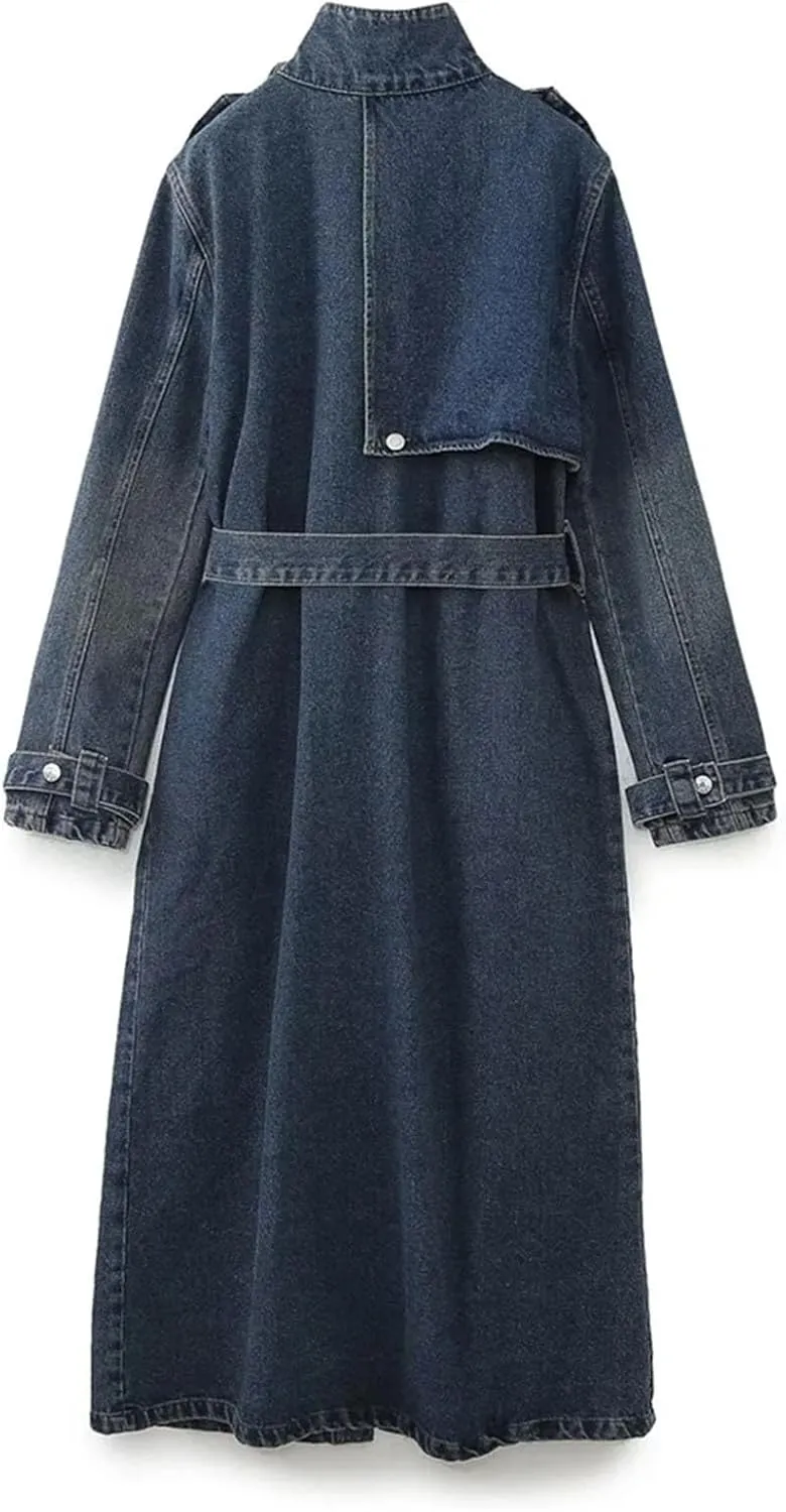 Fashion Lace Up Denim Trench Coat For Women Solid Full Sleeve Streetwear Long Windbreak 2023 Autumn Clothing 3WQ8367