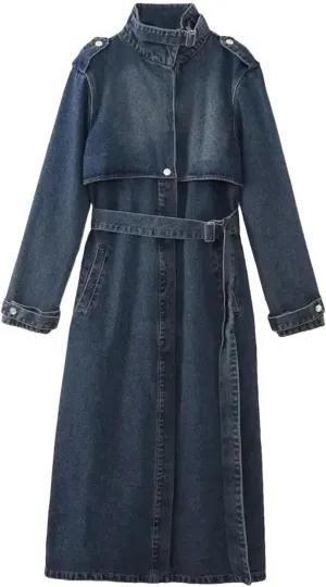 Fashion Lace Up Denim Trench Coat For Women Solid Full Sleeve Streetwear Long Windbreak 2023 Autumn Clothing 3WQ8367