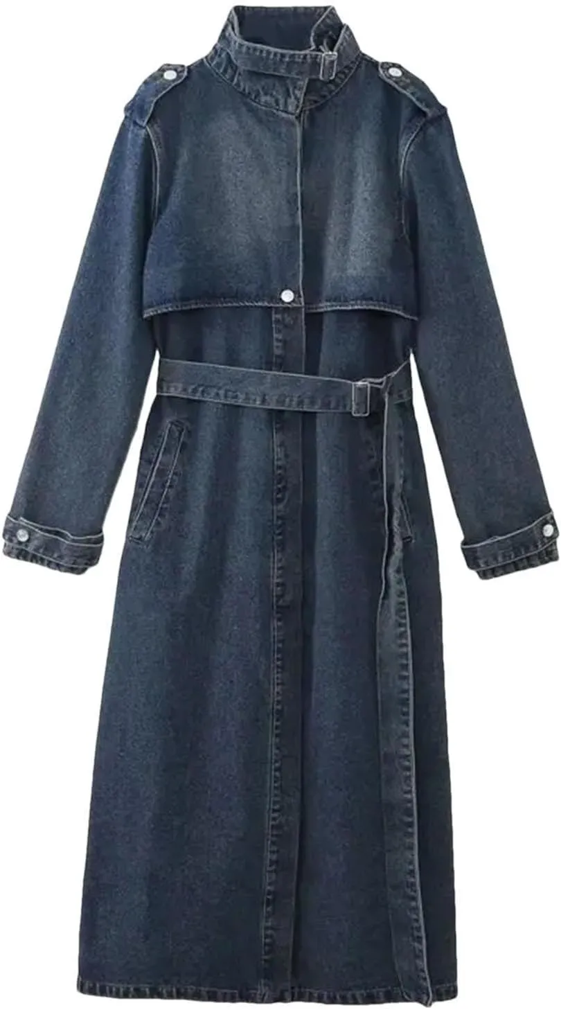 Fashion Lace Up Denim Trench Coat For Women Solid Full Sleeve Streetwear Long Windbreak 2023 Autumn Clothing 3WQ8367