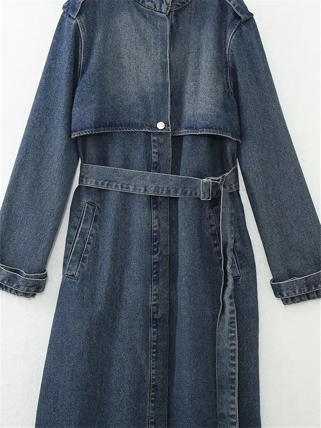 Fashion Lace Up Denim Trench Coat For Women Solid Full Sleeve Streetwear Long Windbreak 2023 Autumn Clothing 3WQ8367