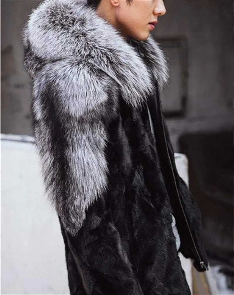 Faux Fox Fur Mink Coat Winter Warm Jacket Long Sleeve for Men Oversize Parka Outerwear With Hood