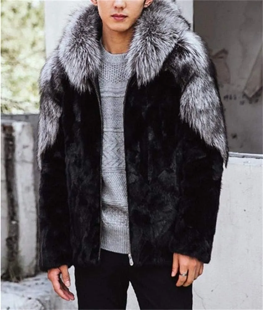 Faux Fox Fur Mink Coat Winter Warm Jacket Long Sleeve for Men Oversize Parka Outerwear With Hood