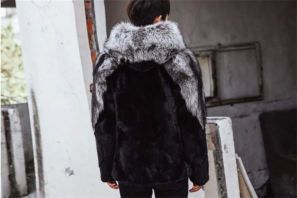 Faux Fox Fur Mink Coat Winter Warm Jacket Long Sleeve for Men Oversize Parka Outerwear With Hood