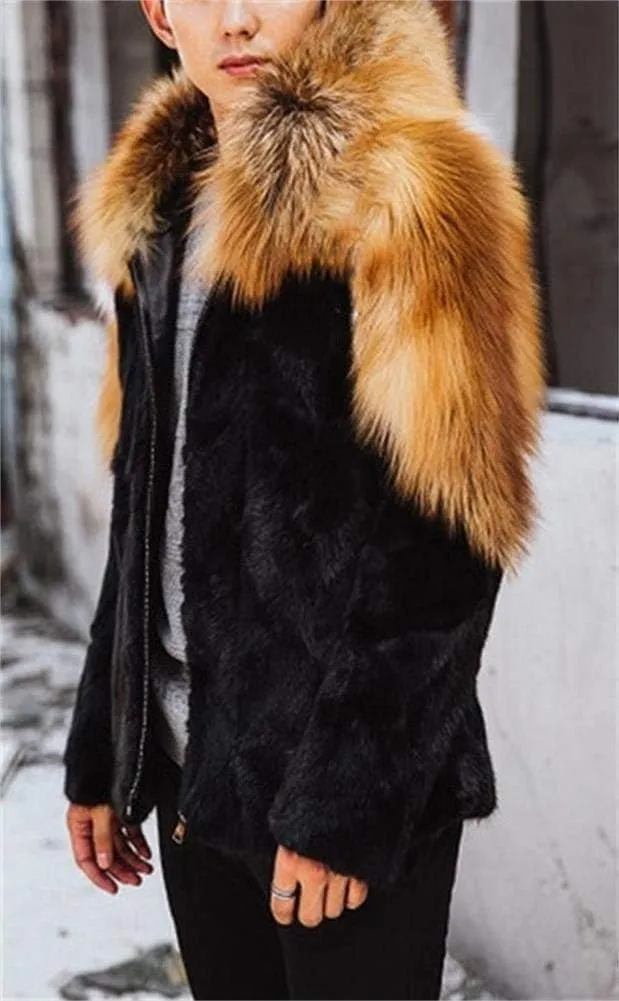 Faux Fox Fur Mink Coat Winter Warm Jacket Long Sleeve for Men Oversize Parka Outerwear With Hood