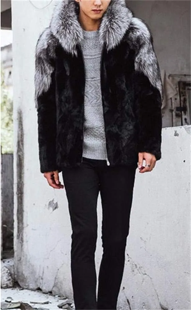Faux Fox Fur Mink Coat Winter Warm Jacket Long Sleeve for Men Oversize Parka Outerwear With Hood