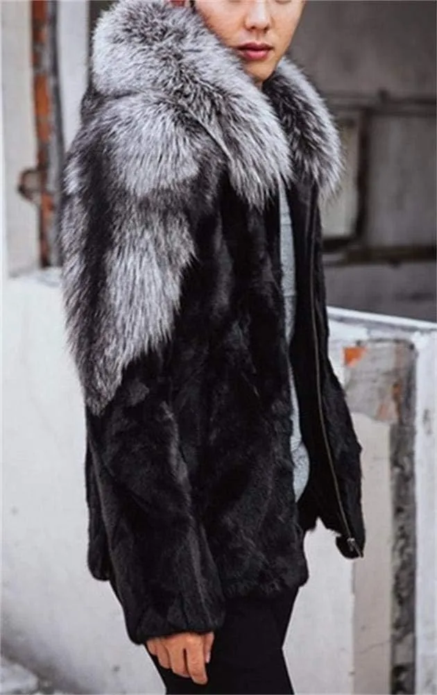 Faux Fox Fur Mink Coat Winter Warm Jacket Long Sleeve for Men Oversize Parka Outerwear With Hood
