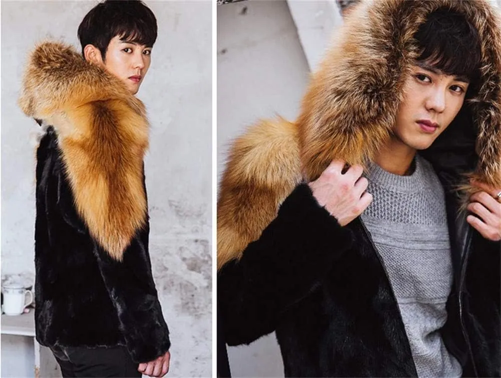 Faux Fox Fur Mink Coat Winter Warm Jacket Long Sleeve for Men Oversize Parka Outerwear With Hood