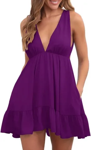 Febriajuce Womens Summer Mini Dress Loose Ruffle Deep V-Neck Backless Strap Solid Casual Short Dresses with Pockets