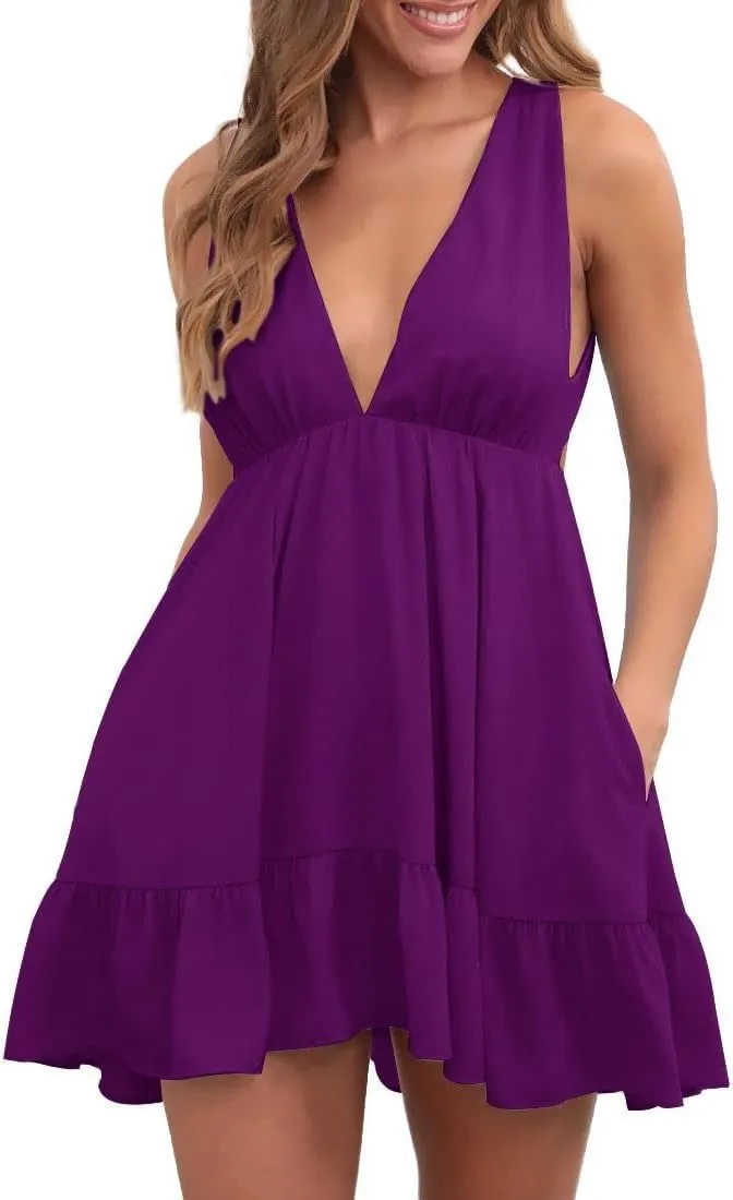 Febriajuce Womens Summer Mini Dress Loose Ruffle Deep V-Neck Backless Strap Solid Casual Short Dresses with Pockets