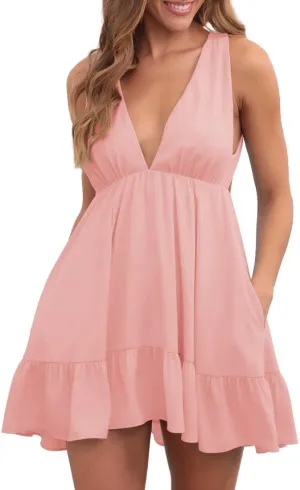 Febriajuce Womens Summer Mini Dress Loose Ruffle Deep V-Neck Backless Strap Solid Casual Short Dresses with Pockets