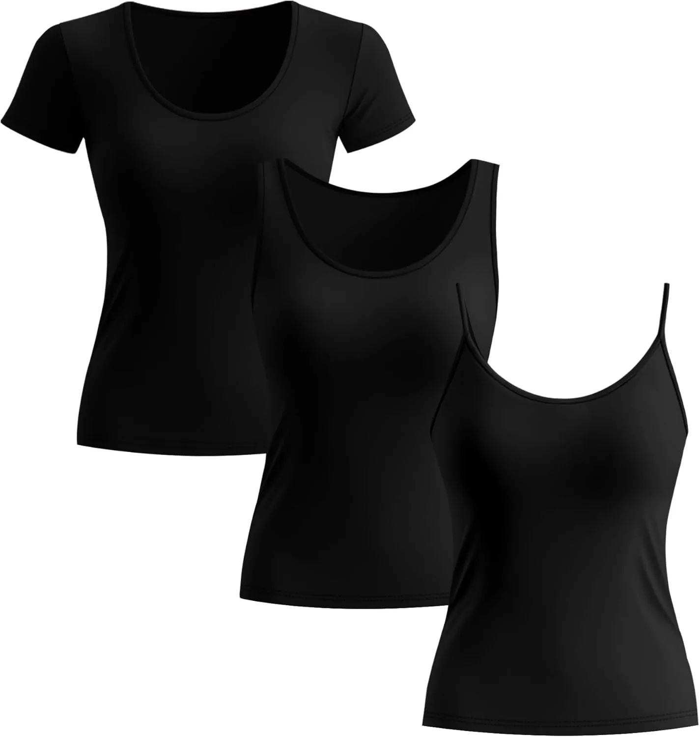 Ficerd 3 Pack Women's Cotton Tops Scoop Neck Short Sleeve T Shirt Summer Slim Fit Tank Top Basic Tight Camisole Tank
