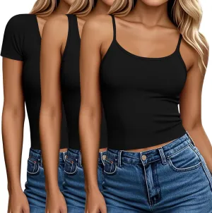 Ficerd 3 Pack Women's Cotton Tops Scoop Neck Short Sleeve T Shirt Summer Slim Fit Tank Top Basic Tight Camisole Tank