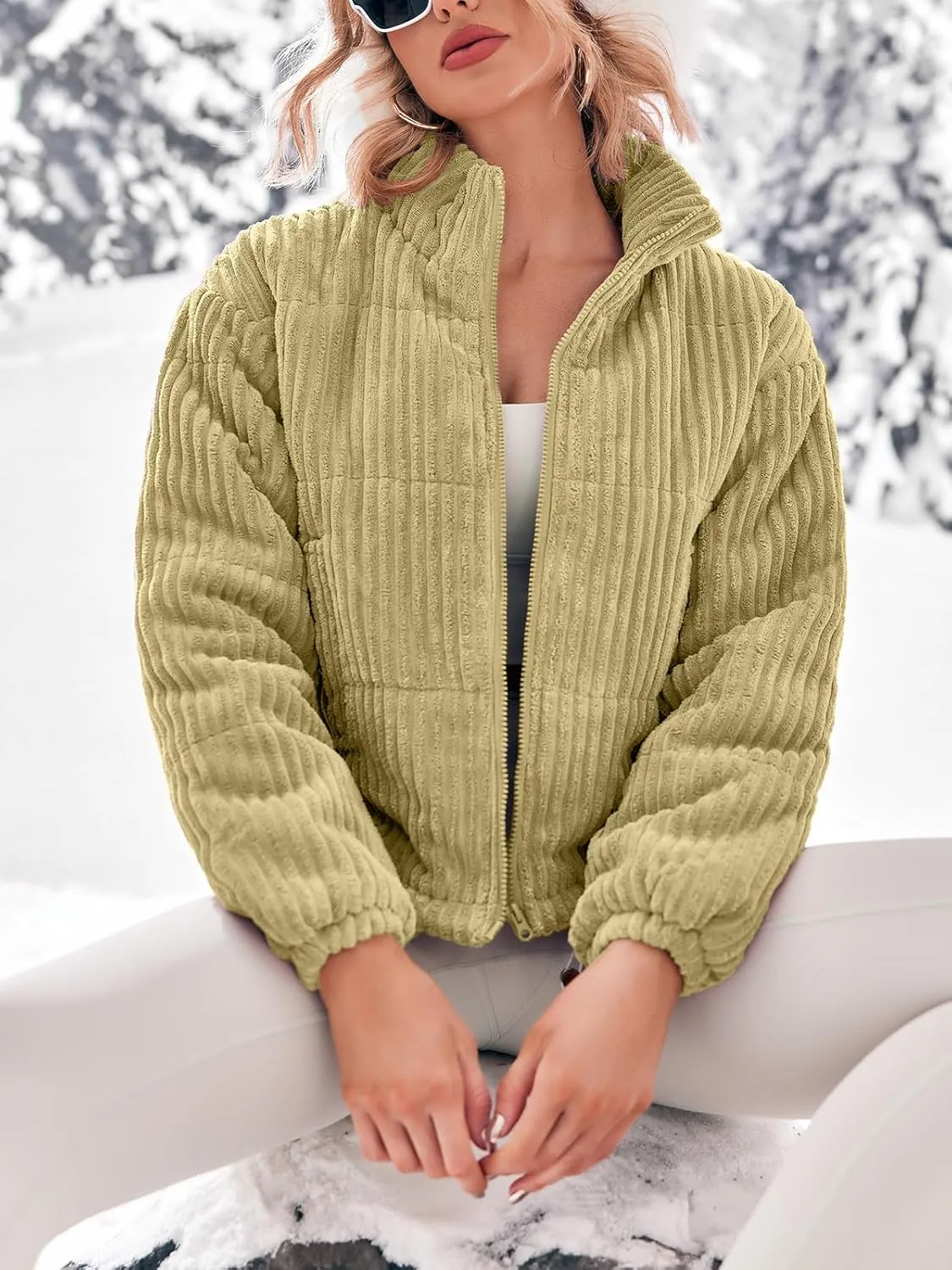 Fisoew Corduroy Puffer Jacket Women Long Sleeve Cropped Winter Coat Zip Up Stand Collar Short Warm Outerwear
