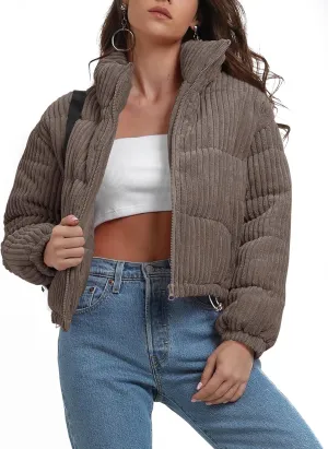 Fisoew Corduroy Puffer Jacket Women Long Sleeve Cropped Winter Coat Zip Up Stand Collar Short Warm Outerwear