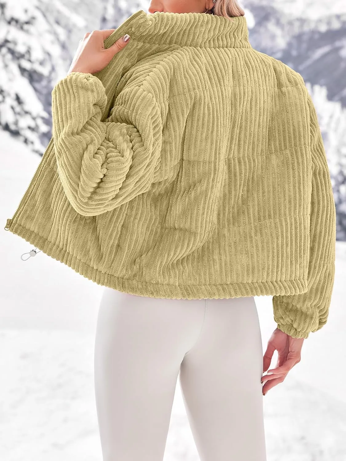 Fisoew Corduroy Puffer Jacket Women Long Sleeve Cropped Winter Coat Zip Up Stand Collar Short Warm Outerwear