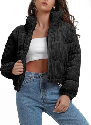 Fisoew Corduroy Puffer Jacket Women Long Sleeve Cropped Winter Coat Zip Up Stand Collar Short Warm Outerwear