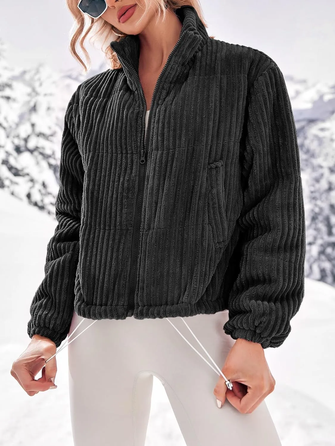 Fisoew Corduroy Puffer Jacket Women Long Sleeve Cropped Winter Coat Zip Up Stand Collar Short Warm Outerwear