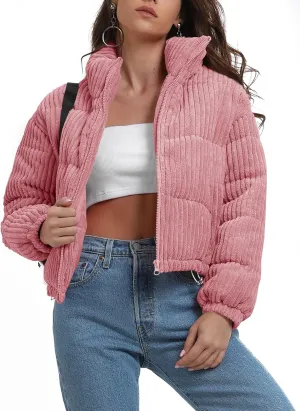 Fisoew Corduroy Puffer Jacket Women Long Sleeve Cropped Winter Coat Zip Up Stand Collar Short Warm Outerwear