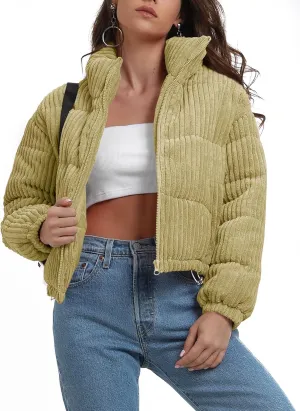 Fisoew Corduroy Puffer Jacket Women Long Sleeve Cropped Winter Coat Zip Up Stand Collar Short Warm Outerwear