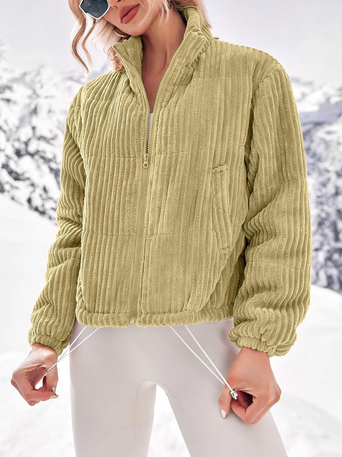 Fisoew Corduroy Puffer Jacket Women Long Sleeve Cropped Winter Coat Zip Up Stand Collar Short Warm Outerwear