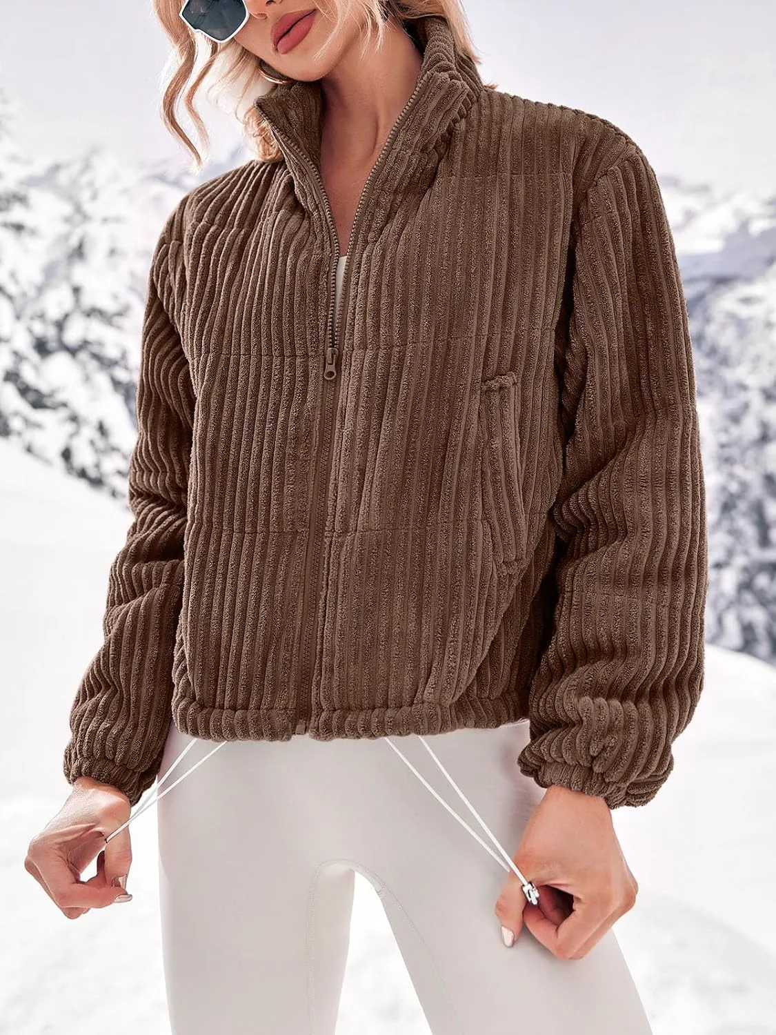 Fisoew Corduroy Puffer Jacket Women Long Sleeve Cropped Winter Coat Zip Up Stand Collar Short Warm Outerwear
