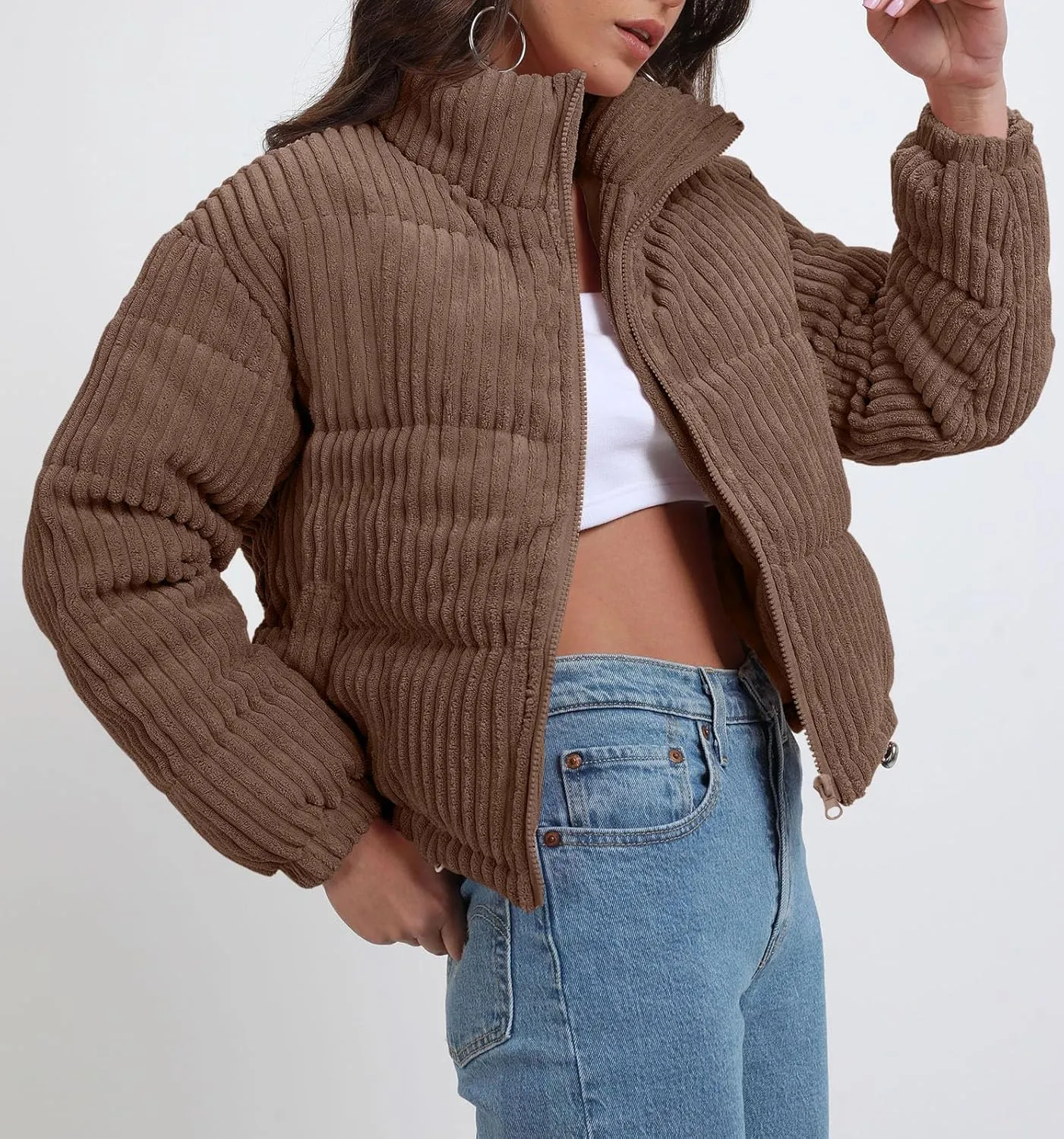 Fisoew Corduroy Puffer Jacket Women Long Sleeve Cropped Winter Coat Zip Up Stand Collar Short Warm Outerwear